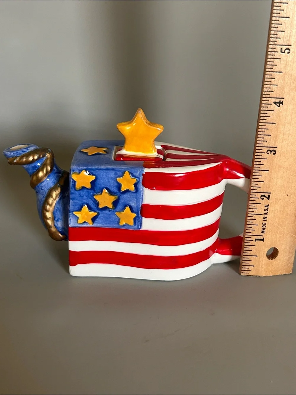 Patriotic Mini Teapot Oneida Ceramic Stars Stripes‎ USA July 4th READ